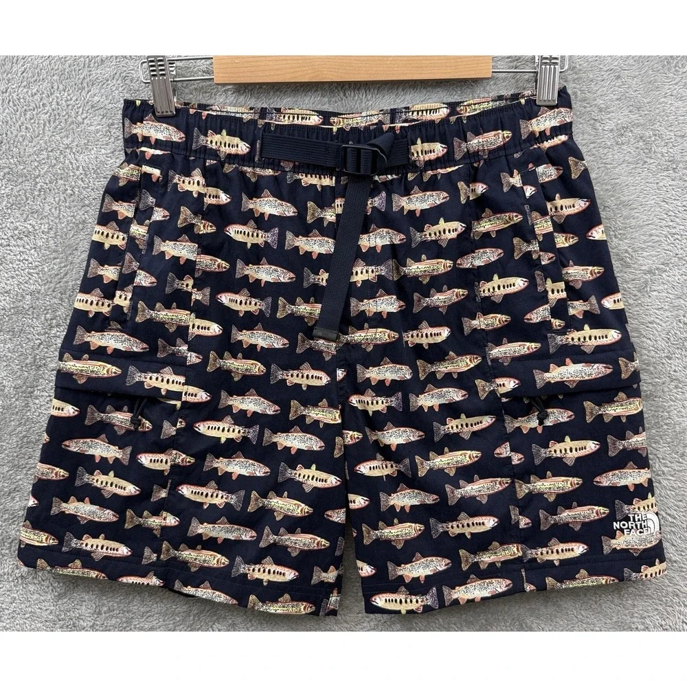 The North Face Mens Small Navy Blue Fish Print Cargo Shorts NF0A7QLA Belted